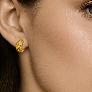 Crescent Moon Puffed Earrings • 18K Gold Filled Half Hoop Earrings • Trendy Hammered CZ Stars Hoops • Celestial Stud Earrings • Gift for Her