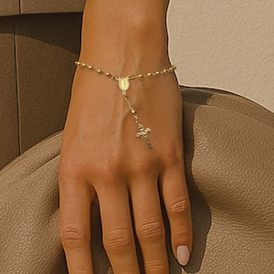 18K Gold gefüllte Jungfrau Maria Rosenkranz Armband • Perlen Kreuz Anhänger