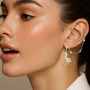 Unicorn Chain Cuff Earring in Gold with Pink and Clear CZ Crystals • Sparkling Dangle Pony Ear Wrap for Her • Single Ear Jacket