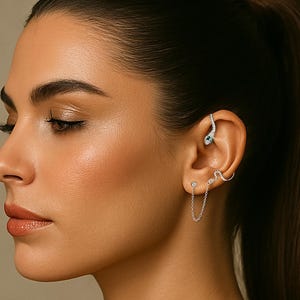 Serpent Ear Cuff with CZ Stones and Emerald Green Eyes in Premium Sterling Silver • Crystal Snake Wrap Around Piercing Earring for Her