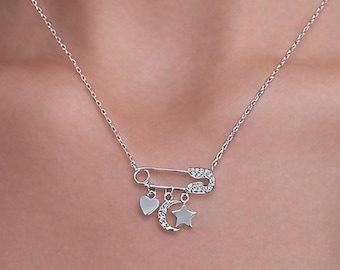 CZ Safety Pin Necklace: Sterling Silver • Heart Moon Star Charm
