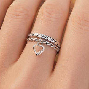 Dangle Jesus Heart Charm & Band Ring Set: 100% Sterling Silver