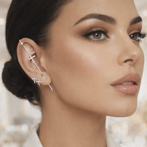 Sterling Silver Triple Cross Ear Climber Cuff - Single Pin Earring