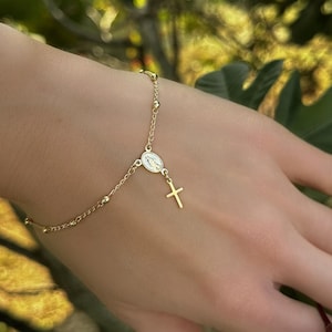 18K Gold Filled Rosenkranz Armband • Jungfrau Maria Medaillon Kreuz Anhänger
