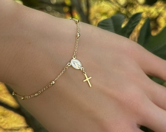 18k Gold Filled Delicate Rosary Bracelet • Virgin Mary and Cross Charm • Elegant Religious Jewelry • Lightweight and Timeless Accessory