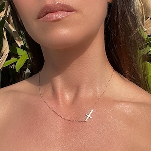 Religious Sideways Cross Necklace on a Dainty Cable Chain in Sterling Silver with Gold or Rose Gold Overlays • Perfect Gift for Her