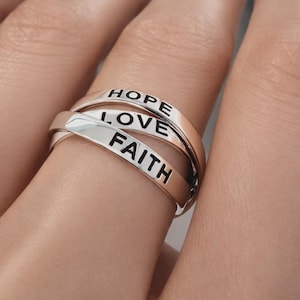 Faith Hope Love Engraved Triple Band Puzzle Ring: Sterling Silver