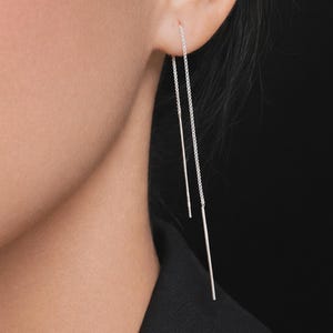 Minimalist Dangle Bar Threader Earrings: Sterling Silver