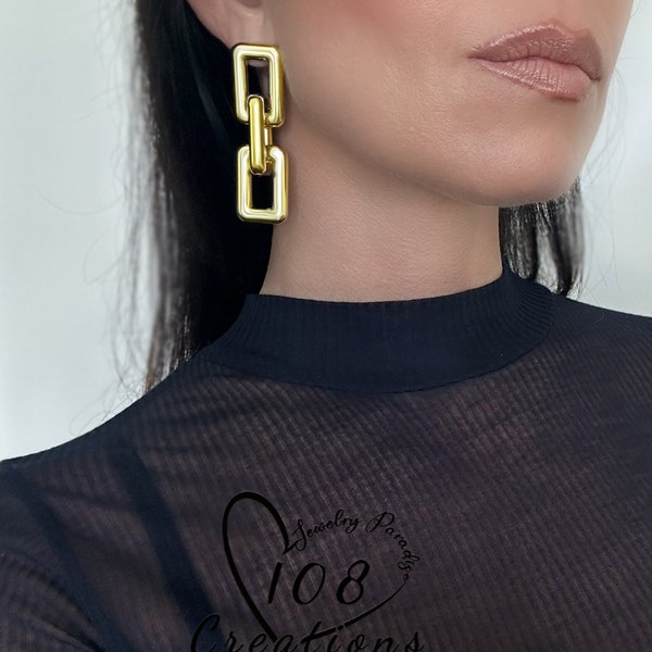 Chunky Link Chain Statement Earrings • Gold Cocktail Earrings • Stylish Silver Earrings • Celebrity Style Earrings • Thick Chain Earrings