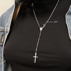 Rosary Lariat Necklace in Sterling Silver • Christian Prayer Bead Necklace • Virgin Mary Miraculous Necklace • Catholic Cross Pendant