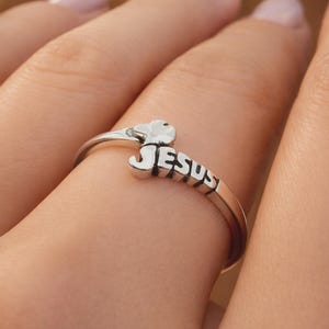 Jesus and Dove Christian Ring • Tiny Chevron Stacking Band