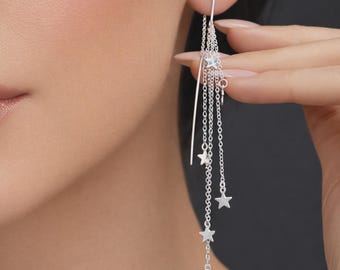 Star Threader Earrings with Chain Dangles in Sterling Silver
