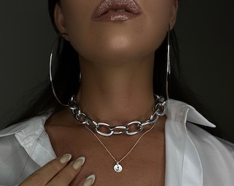 Chunky Chain Statement Necklace in Gold or Silver Overlays • Popular Design Oval Chain Link Choker