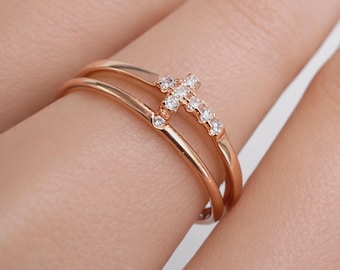 Sideways CZ Cross Ring Set: Yellow or Rose Gold Sterling Silver