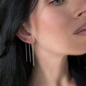 Long Gold Bar Threader Earrings • Thick 18K Gold Plated Sterling Silver Drop Earrings • Shower Safe & Sleep In • Modern Statement Jewelry