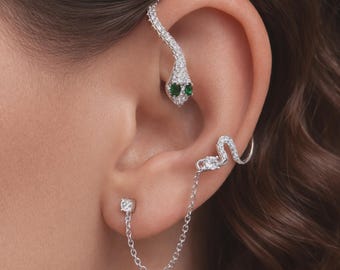 Snake Ear Cuff Sterling Silver • Emerald Green CZ Ear Wrap