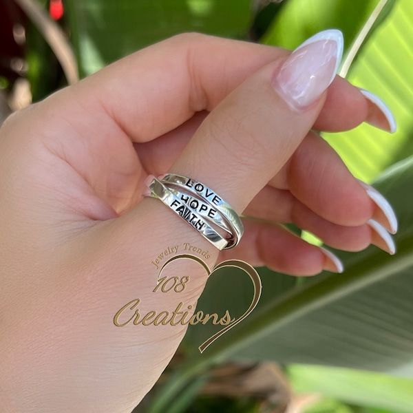 Faith Hope Love Rolling Ring Set • Triple Band • Inspirational Word Engraved Ring • Three Band Interlocking Ring • Best Gift for Her