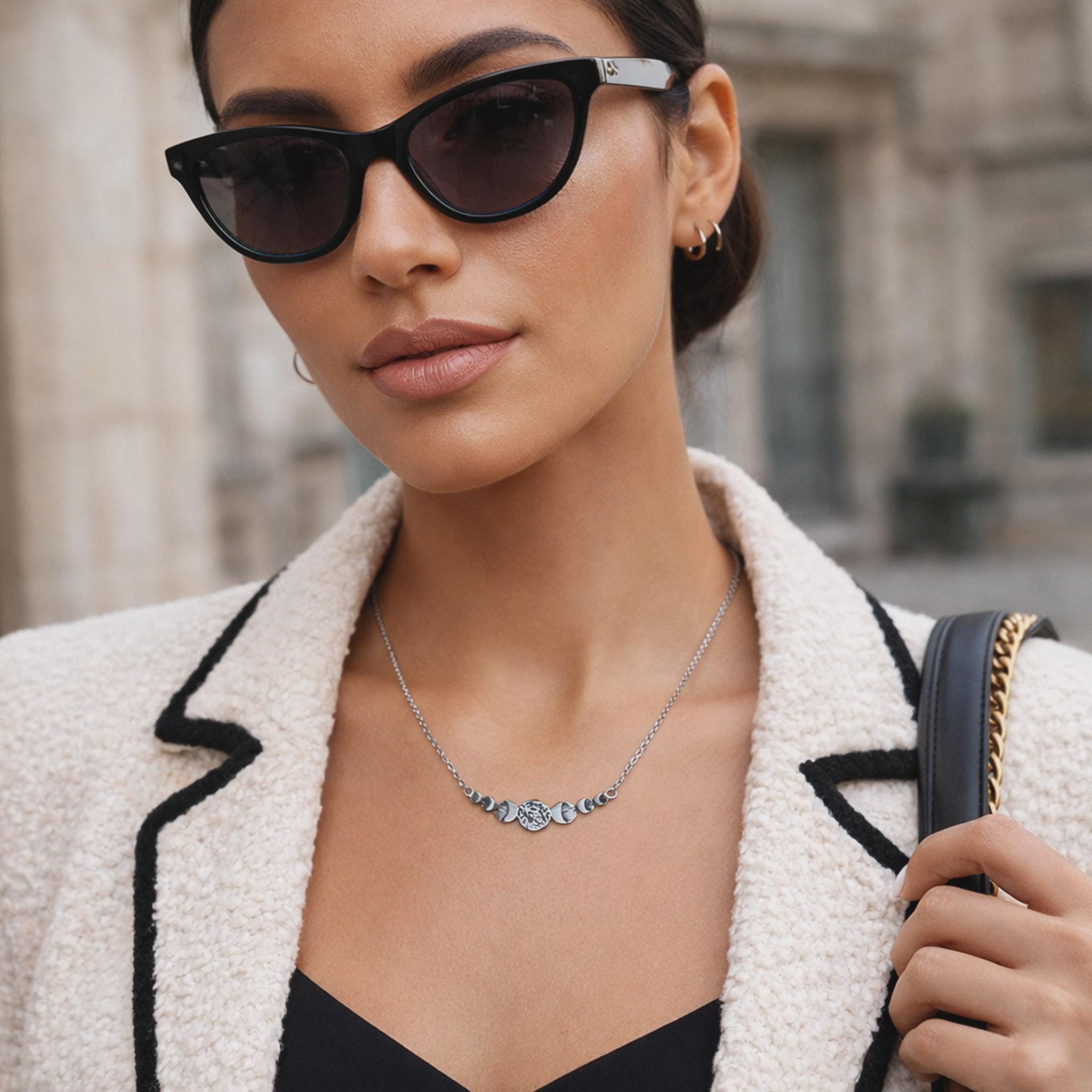 ムーンフェイズネックレス：スターリングシルバー • 天体バー