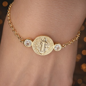 Saint Benedict Bracelet • 18K Gold Filled CZ Medal • Catholic Protection Jewelry
