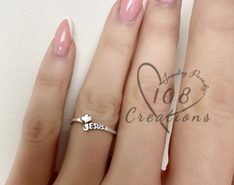 Jesus and Dove Tiny Christian Ring • Chevron Stacking Ring • Catholic Faith Ring for Women • Religious Jewelry • Perfect Gift for Her