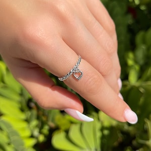 Sacred Heart of Jesus Dangle Charm Ring • Braided Christian Band Ring with Jesus Engraving • Religious Gift for Her • Tiny Stacking Ring