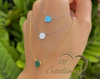 Dainty Solitaire Charm Necklace • Round Opal Disc Charm Necklace • Delicate Necklace in Gold or Silver • Sterling Silver Minimalist Necklace