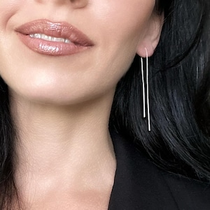 Minimalist Threader Earrings with Long Bar Ends in Premium Sterling Silver • Box Chain Pull Through Earrings • Dainty Sleep in Drop Earrings