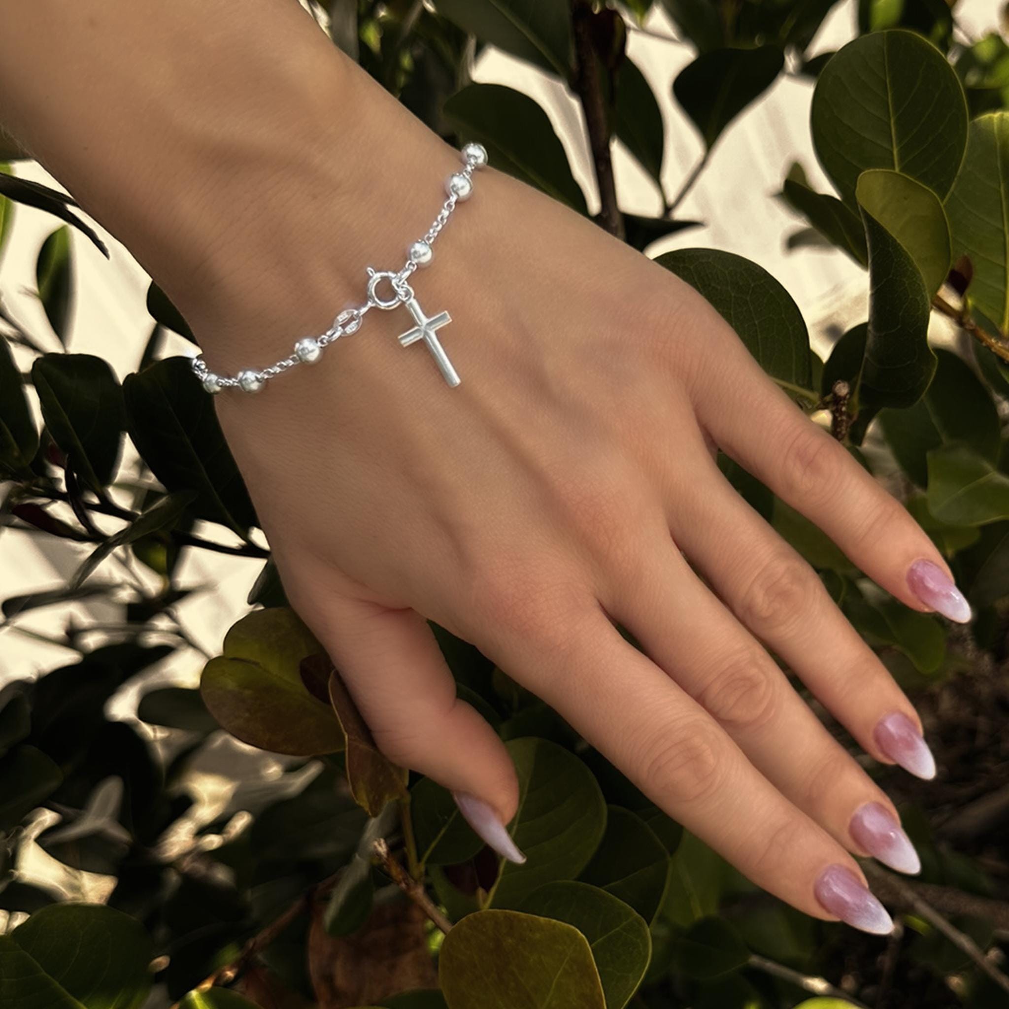 Sterling Silver Rosary Bead Bracelet • Dangle Cross Chain Bracelet • Hanging Cross Faith Bracelet • Perfect Religious Gift for Her