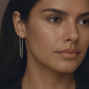 T-Bar Gold Chain Threader Earrings • Tiny Sleep in Earrings • Comfortable Dangle Earrings • Trendy Stacking Earrings for Her