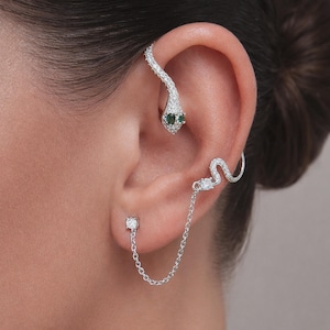 Emerald Green Eye Snake Ear Jacket: Sterling Silver Chain Ear Cuff