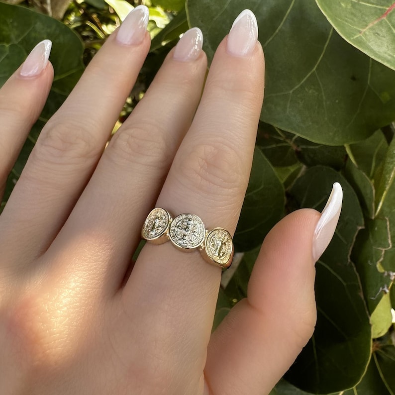 Iconic Saint Benedict Cross Ring • 18K Gold Filled Medallion Ring • Triple Signet Catholic Ring • Trendy Statement Ring • Gift for Her