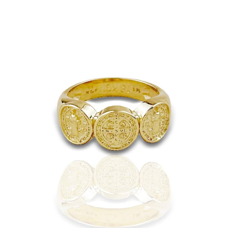 Iconic Saint Benedict Cross Ring • 18K Gold Filled Medallion Ring • Triple Signet Catholic Ring • Trendy Statement Ring • Gift for Her