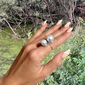 Sterling Silver Double Pearl Cocktail Ring: Statement Infinity Charm Framed with CZs