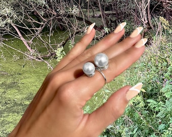 Infinity Pearl Large Cocktail Ring • Two Large Pearls Ring • Sterling Silver Double Pearl Ring • Pave Infinity Charm • Gift for Her