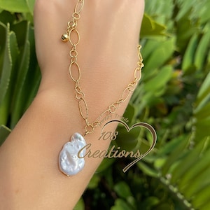 Baroque Pearl Charm Wire Necklace • Gold Plated Sterling Silver • Mixed Links Chain Necklace • Trendy Vintage Necklace for Layering