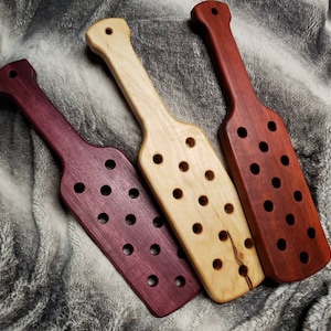 Wood spanking paddle 16" with holes purpleheart, maple, and bloodwood.