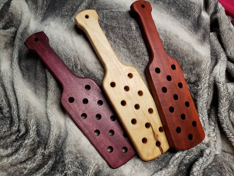 Wood spanking paddle 16" with holes purpleheart, maple, and bloodwood.