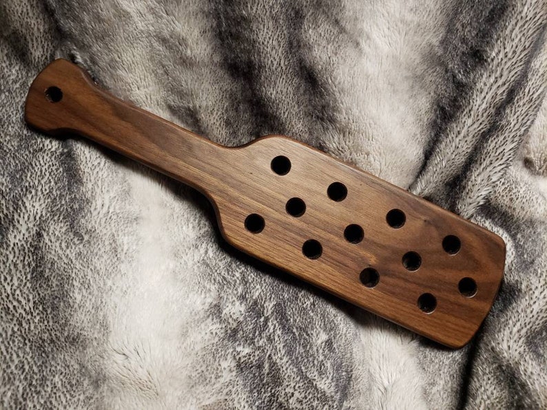 Wood spanking paddle 16" with holes black walnut.