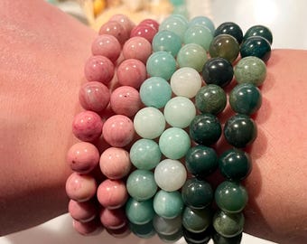 Kristall Perlen Armband - Rosa Rhodonit Armband - Blau Amazonit Armband - Ozean Gras Achat Armband