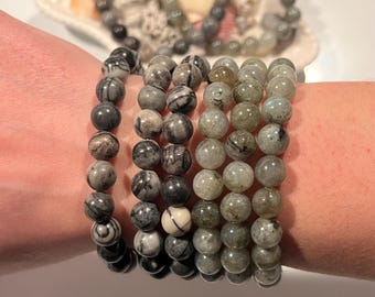Kristall Perlen Stein Armband - Grau Mondstein Armband - Schwarzer Jaspis Armband