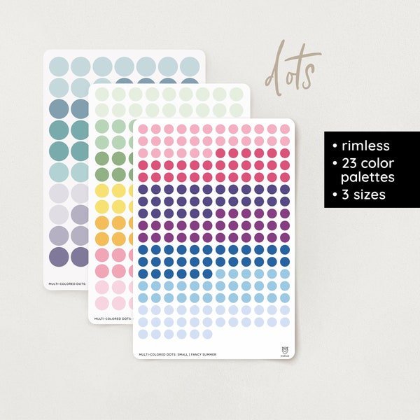 Stickers pois multicolores | sans monture | 23 palettes de couleurs | transparent et papier | 3 tailles : pour Bullet Journal, Filofax, Agenda, DIY, Déco