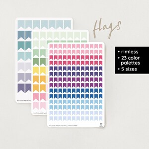 May include: Three sheets of colourful flag stickers. Each sheet has 25 flags in different colours and sizes. The text on the sheet reads "Multi-Colored Flags Small (Fancy Summer)".