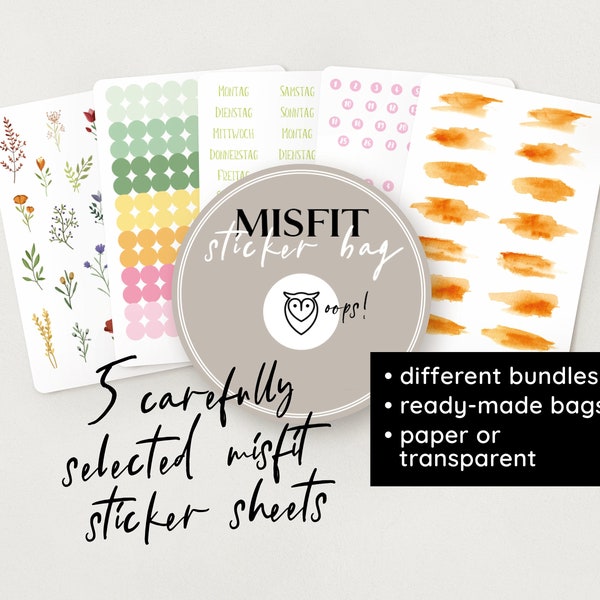 Misfit sticker bags | 5 Stickerblätter pro bundle | verschiedene bundle | Papier oder transparent – Bullet Journal, Filofax, Planer, Deko