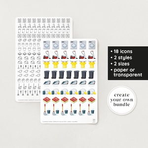 Adesivi icone pulizia / 18 icone / 2 stili / 2 dimensioni / 5 composizioni / trasparenti – Bullet Journal, Filofax, Planner, Scrapbook