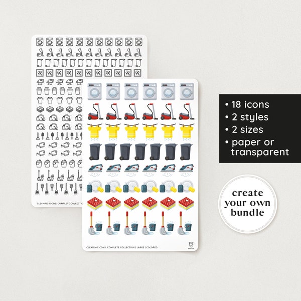 Pictogrammen Sticker schoonmaken | 18 pictogrammen | 2 stijlen | 2 maten | 5 composities | transparant – Bullet Journal, Filofax, Planner, Plakboek