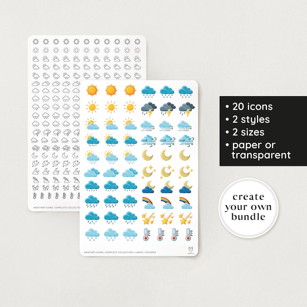 Sticker Weerpictogrammen | 20 pictogrammen | 2 stijlen | 2 maten | 8 composities | transparant – Bullet Journal, Filofax, Planner, Scrapbook Organizer