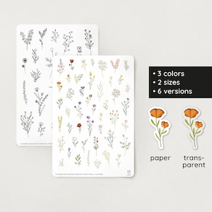 May include: Two sheets of stickers with floral designs. The top sheet features black and white line drawings of flowers and bushes. The bottom sheet features colourful flowers and bushes. The text "3 colours", "2 sizes", and "6 versions" is visible on the right side of the image. The text "paper" and "transparent" is visible at the bottom of the image.