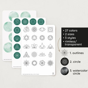 Simboli di yoga e meditazione / 27 colori / 3 stili / 2 dimensioni / cerchi senza bordo / trasparenti / acquerello – Bullet Journal, Planner, Scuola