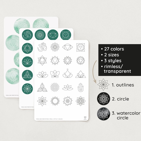 Yoga and Meditation Symbols | 27 colors | 3 styles | 2 sizes | rimless circles | transparent | watercolor – Bullet Journal, Planner, School