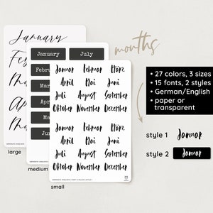 adesivi mesi / 27 colori / 15 caratteri / 3 dimensioni / 2 stili / carta e trasparente – bullet journal, filofax, planner, scrapbook, decorazione